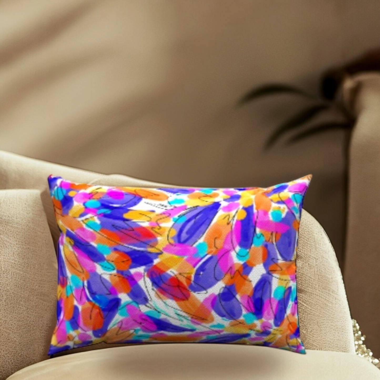 Petals Cotton Lumbar Pillow with vibrant floral colors on a beige sofa, adding style and comfort.