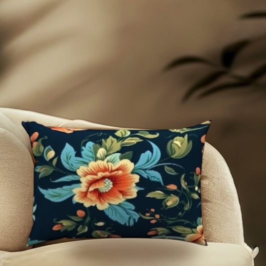 Nectar Cotton Lumbar Pillow with vibrant floral design on navy background adds elegance to modern decor.