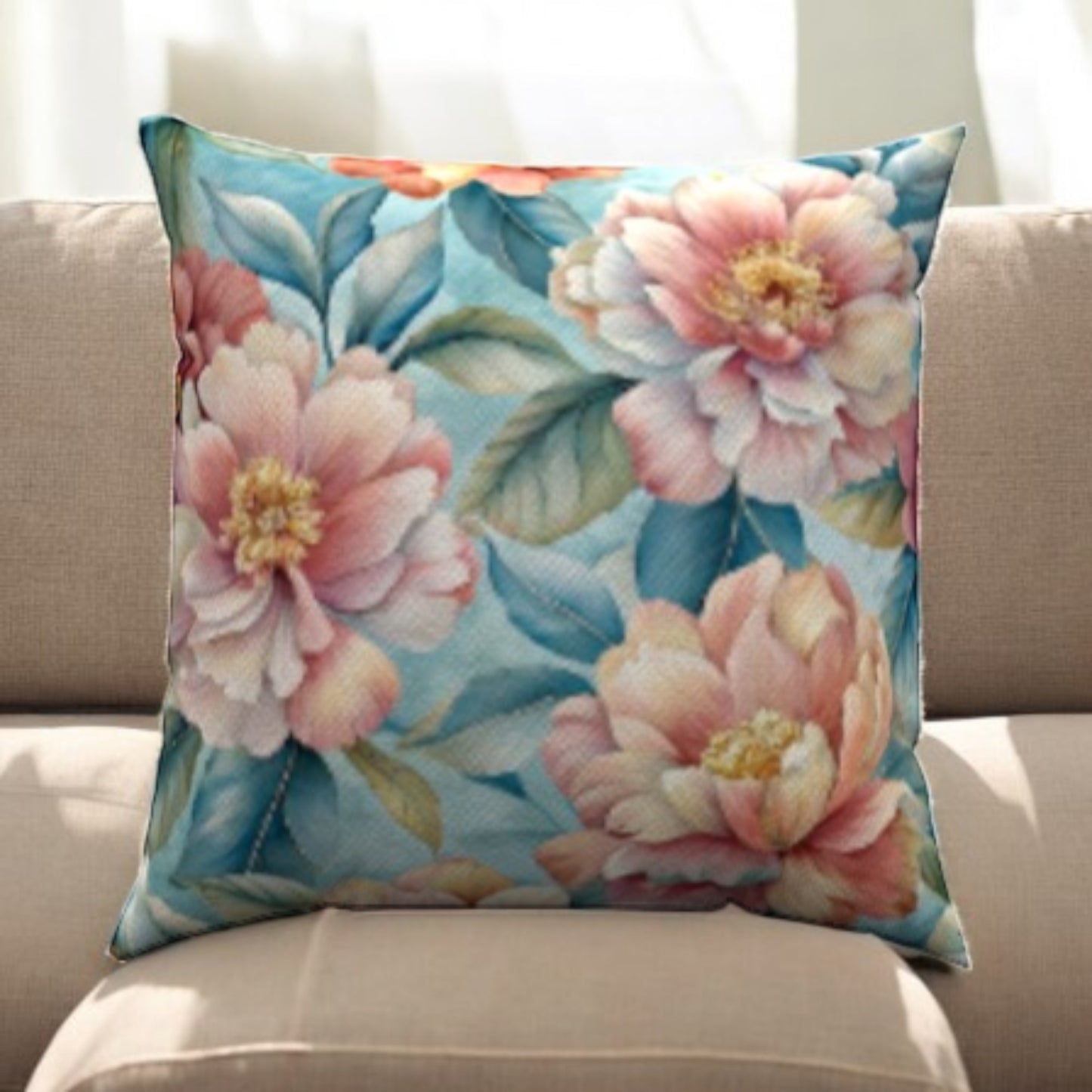 Brighten your decor with the Watercolor Floral Cotton Throw Pillow, showcasing vibrant flowers and leaves for charm.