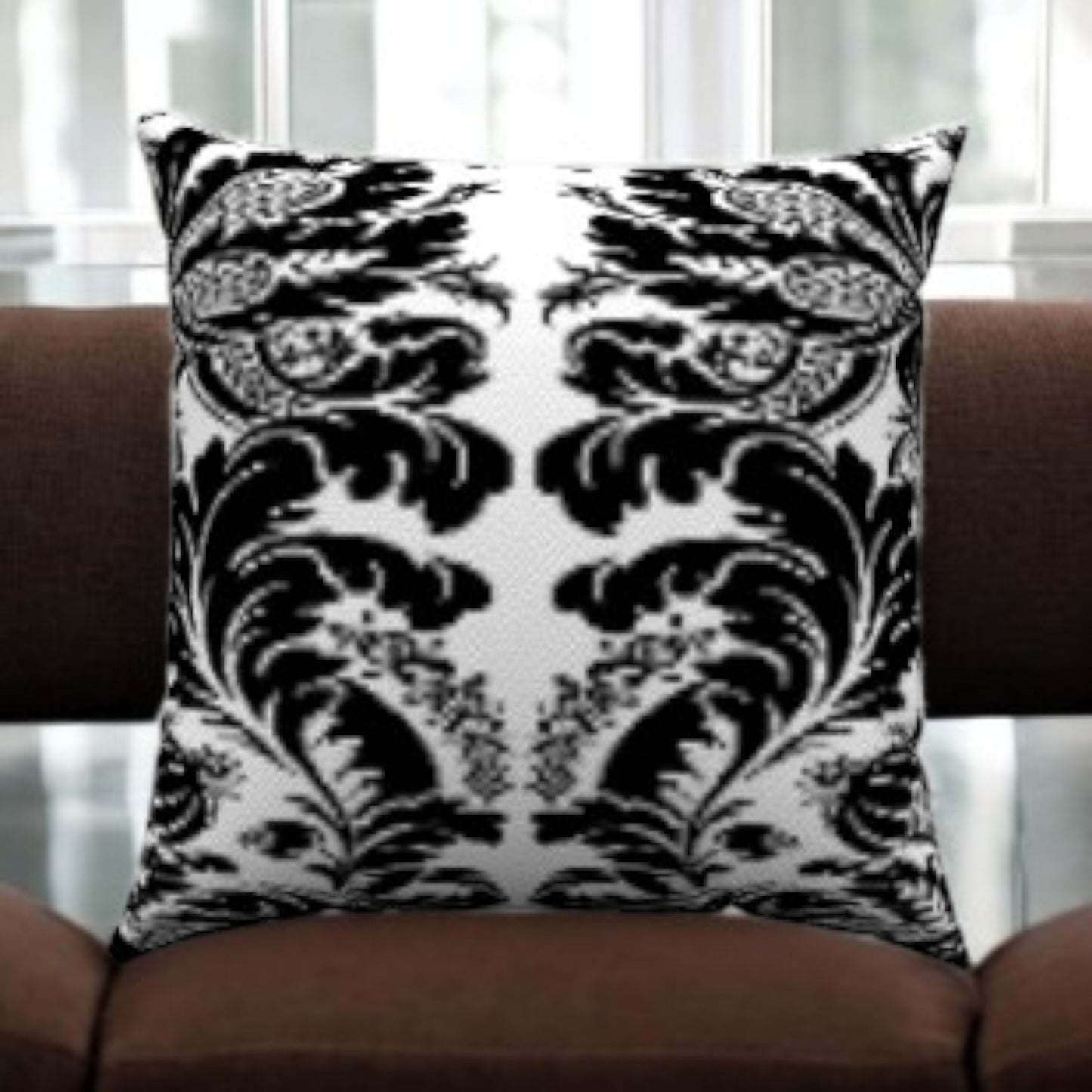 Elevate your decor with LuxeLiving's Brocade Cotton Throw Pillows, featuring an elegant black and white design.