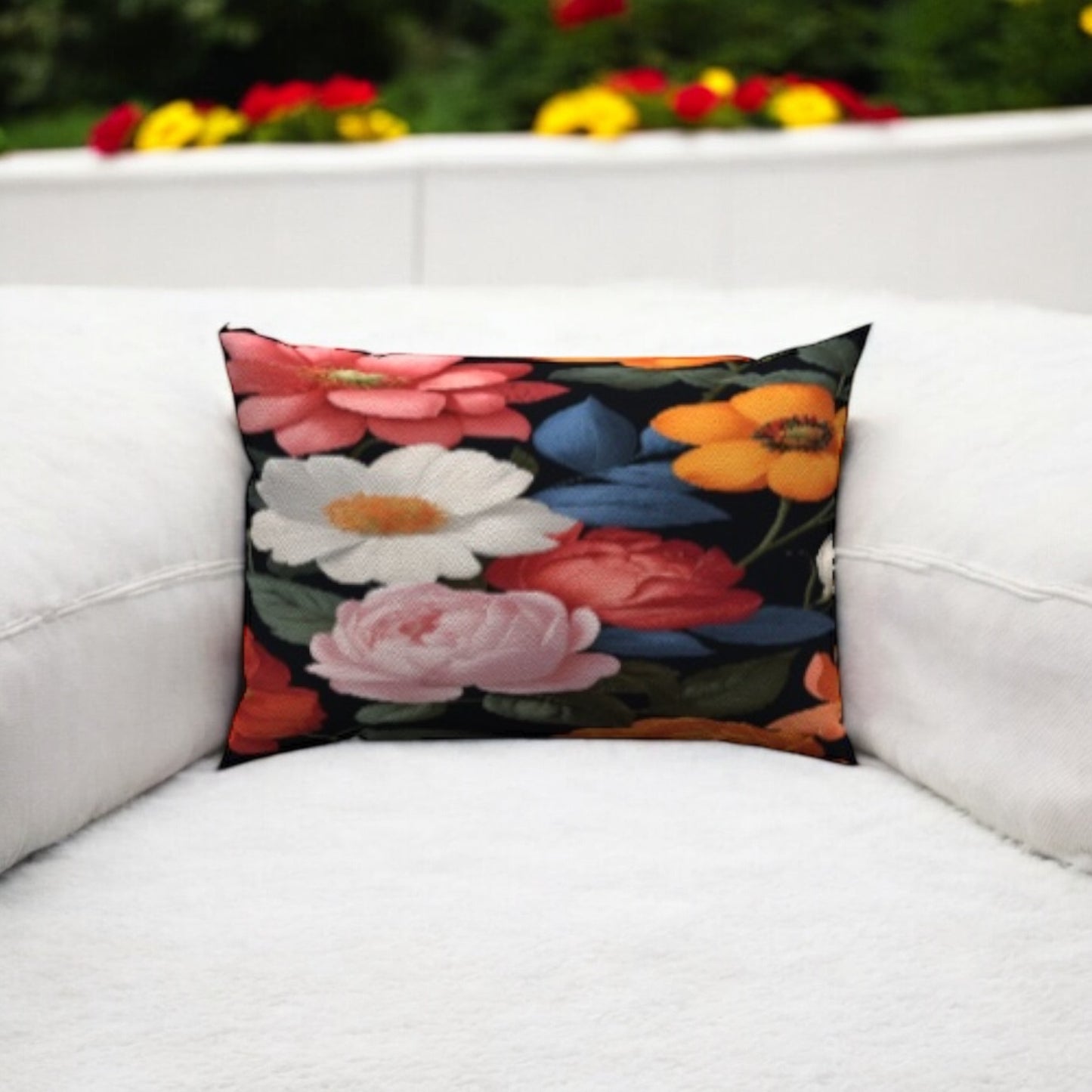 Enhance your decor with the Blooms Cotton Lumbar Pillow, featuring vibrant floral designs for comfort and style.