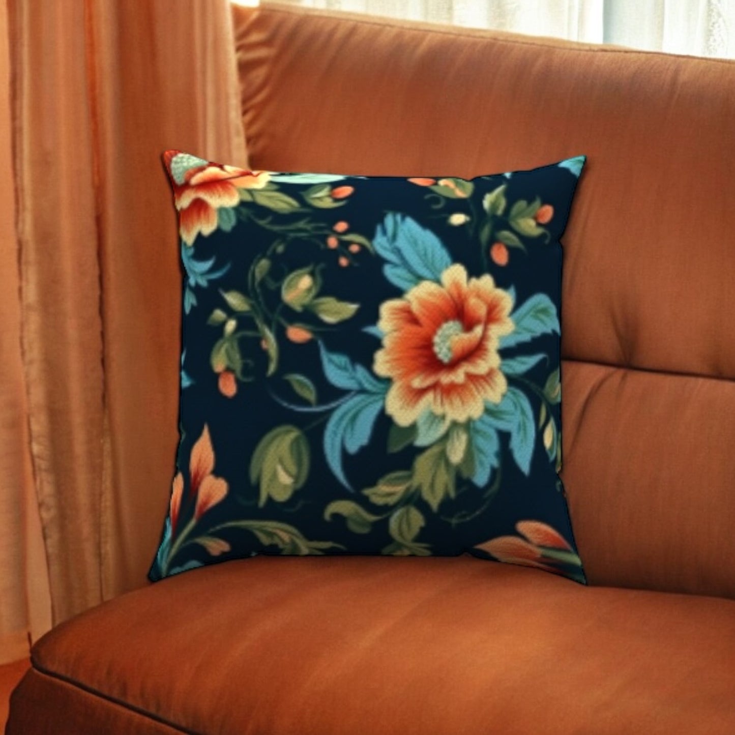 Nectar Cotton Throw Pillows with vibrant floral design complement cognac sofa and cozy living room décor.