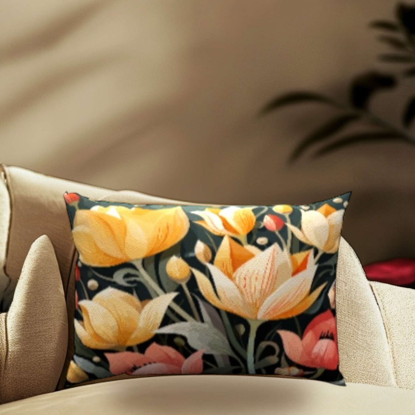 Blooming Cotton Lumbar Pillow, featuring a stunning floral design perfect for relaxation.