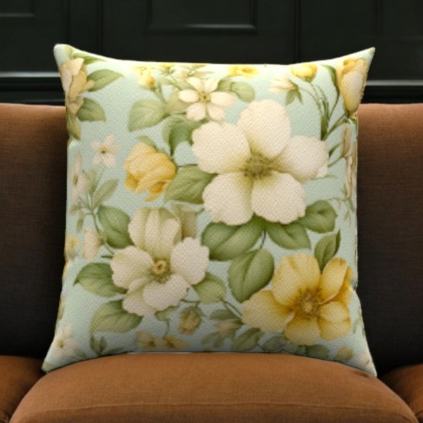 Minty Floral Cotton Throw Pillows with soft green and yellow blooms, adding cozy elegance to your living space.