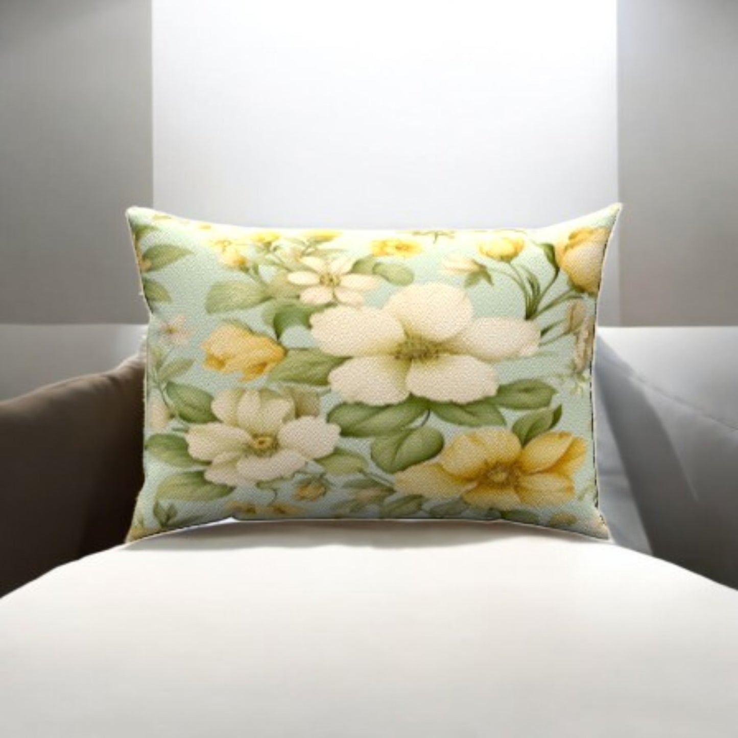 Minty Floral Print Lumbar Pillow with soft yellow and white flowers adds elegance to modern bedroom decor.
