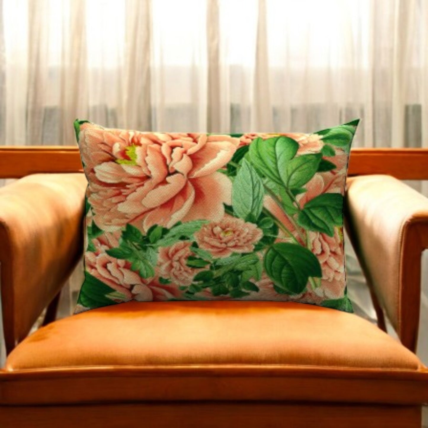 Brighten your living room with the Pink Cabbage Leaves Cotton Lumbar Pillow, featuring lush pink flowers and green leaves.