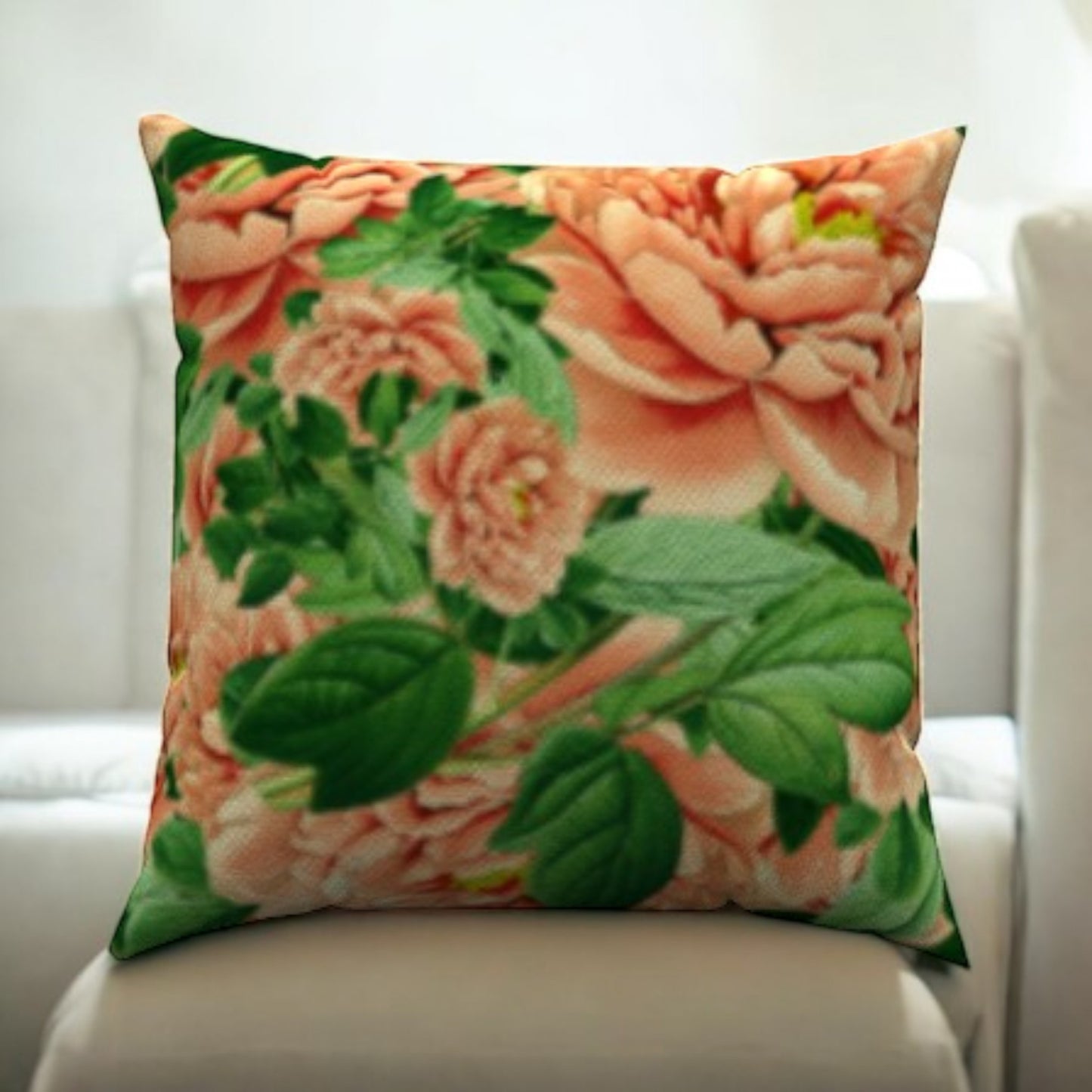Pink Cabbage Cotton Throw Pillows with vibrant floral design add color and charm to modern bedroom decor.
