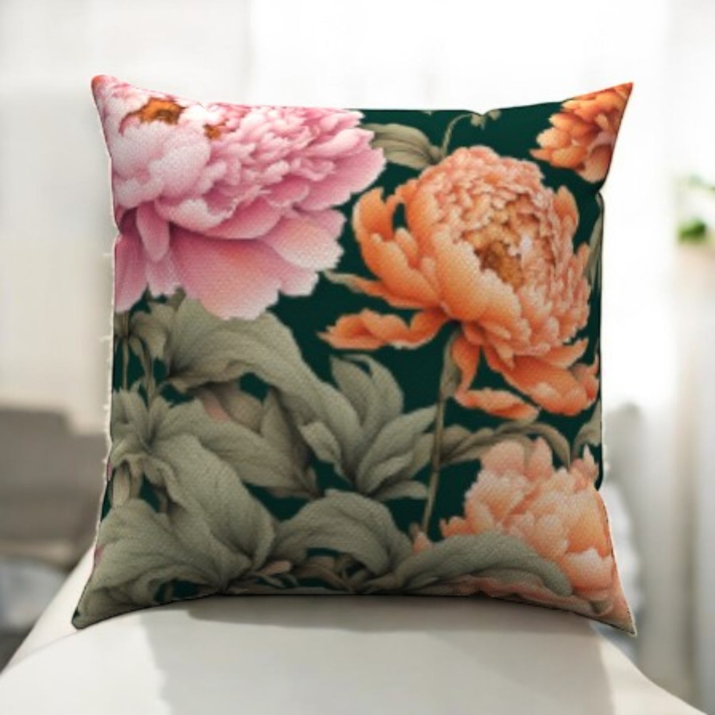 Peach and Pinkish Cotton Throw Pillows with floral design, perfect for enhancing living spaces with cozy style.