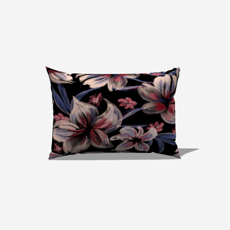 Decorate your space with the Henna Cotton Lumbar Pillow, featuring vibrant floral patterns on a dark background.