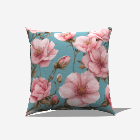 Pink Bouquet Cotton Throw Pillows with delicate floral design on blue background, adding comfort and style to any room.
