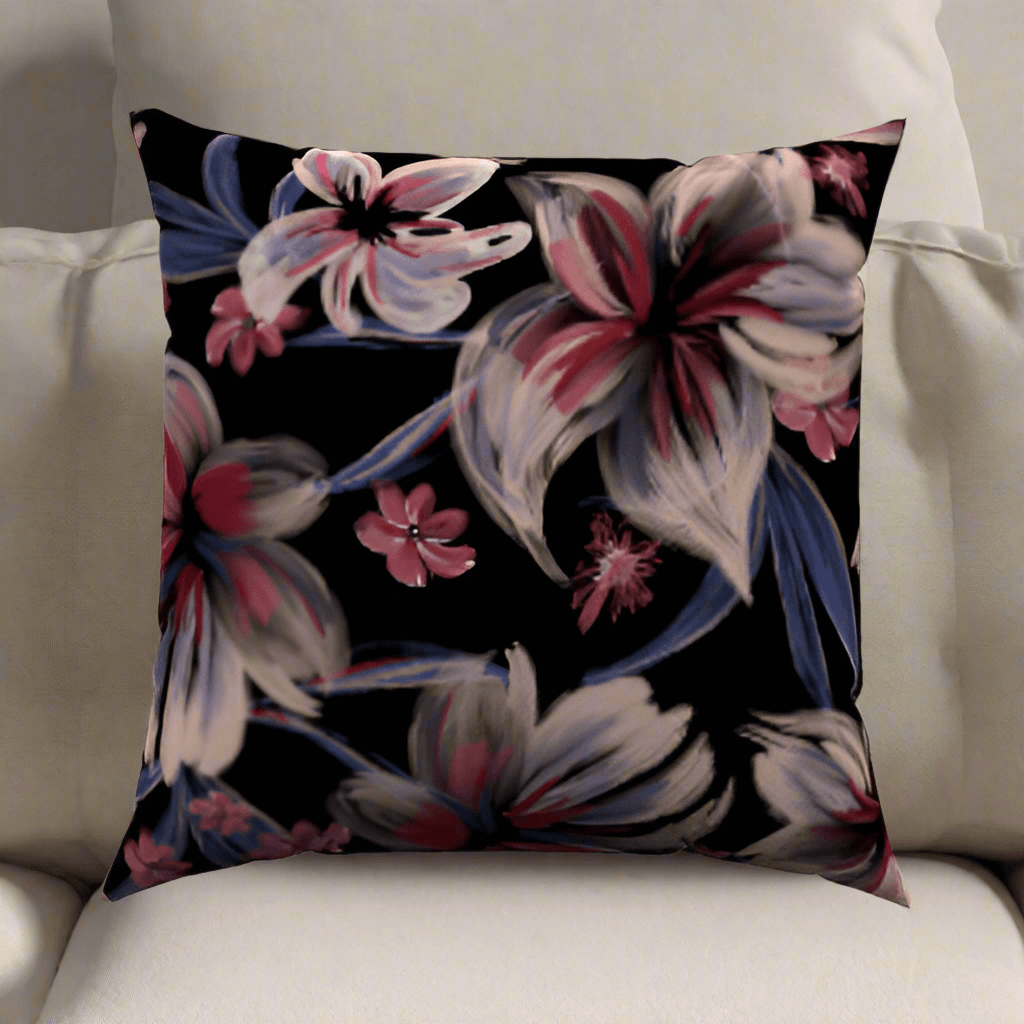 Henna Floral Cotton Throw Pillow with intricate floral design on black fabric, adding elegance to any sectional sofa.
