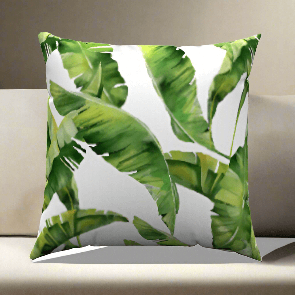 Stylish Palm Cotton Throw Pillow featuring vibrant green palm leaves, perfect for adding a natural touch to your decor.