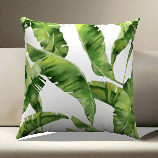 Stylish Palm Cotton Throw Pillow featuring vibrant green palm leaves, perfect for adding a natural touch to your decor.