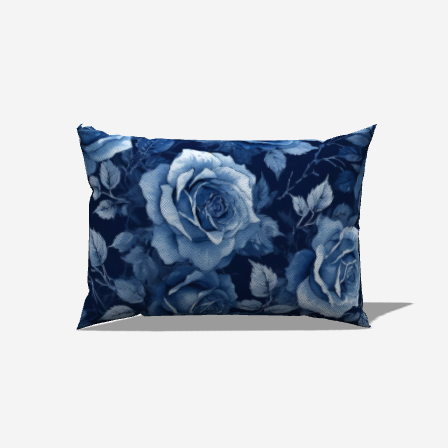 Rosalie Cotton Lumbar Pillow featuring elegant blue floral design, plush support, and durable high-quality cotton fabric.