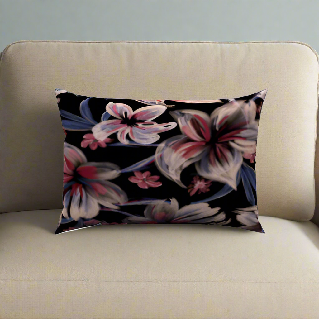 Stylish Henna Floral Cotton Lumbar Pillow featuring vibrant flowers, perfect for adding elegance to any room.