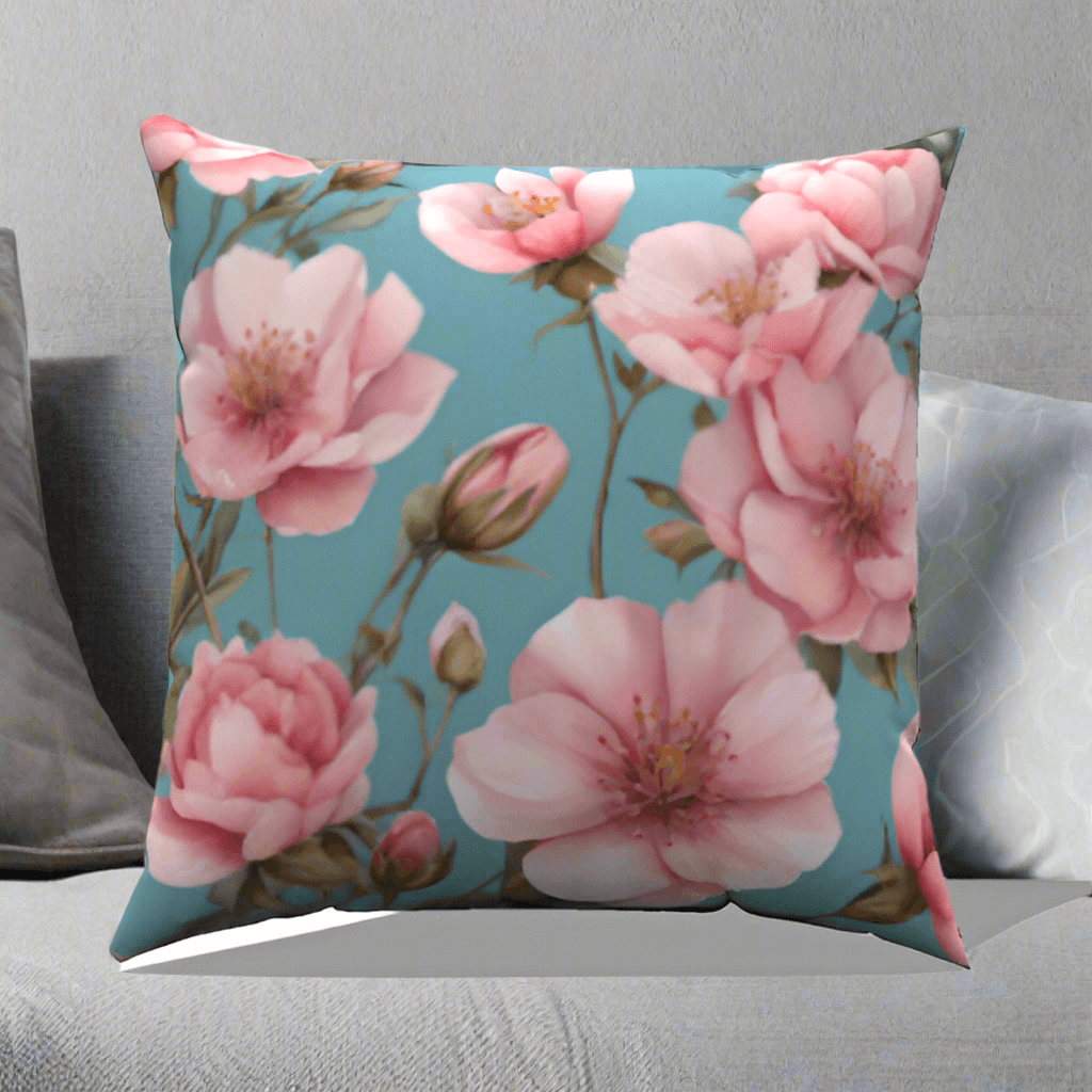Pink Bouquet Cotton Throw Pillows with soft floral design on blue background, adding charm and comfort to your living space.