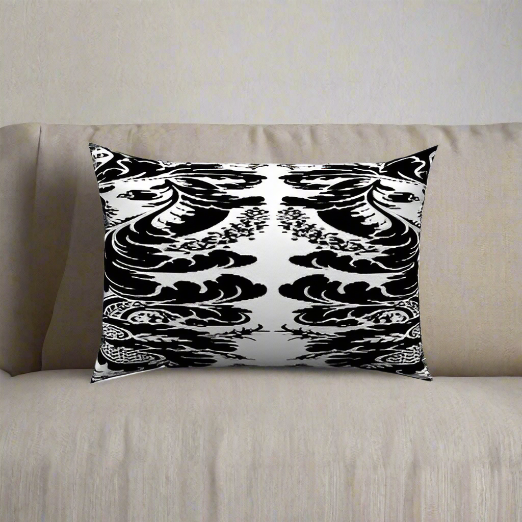 Enhance your decor with the stylish Brocade Cotton Lumbar Pillow, featuring an elegant black and white design.