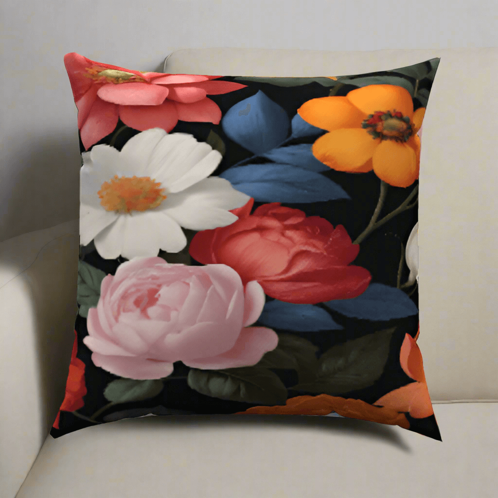 Vibrant Blooms Cotton Throw Pillows featuring colorful floral designs on a dark background, perfect for any decor.