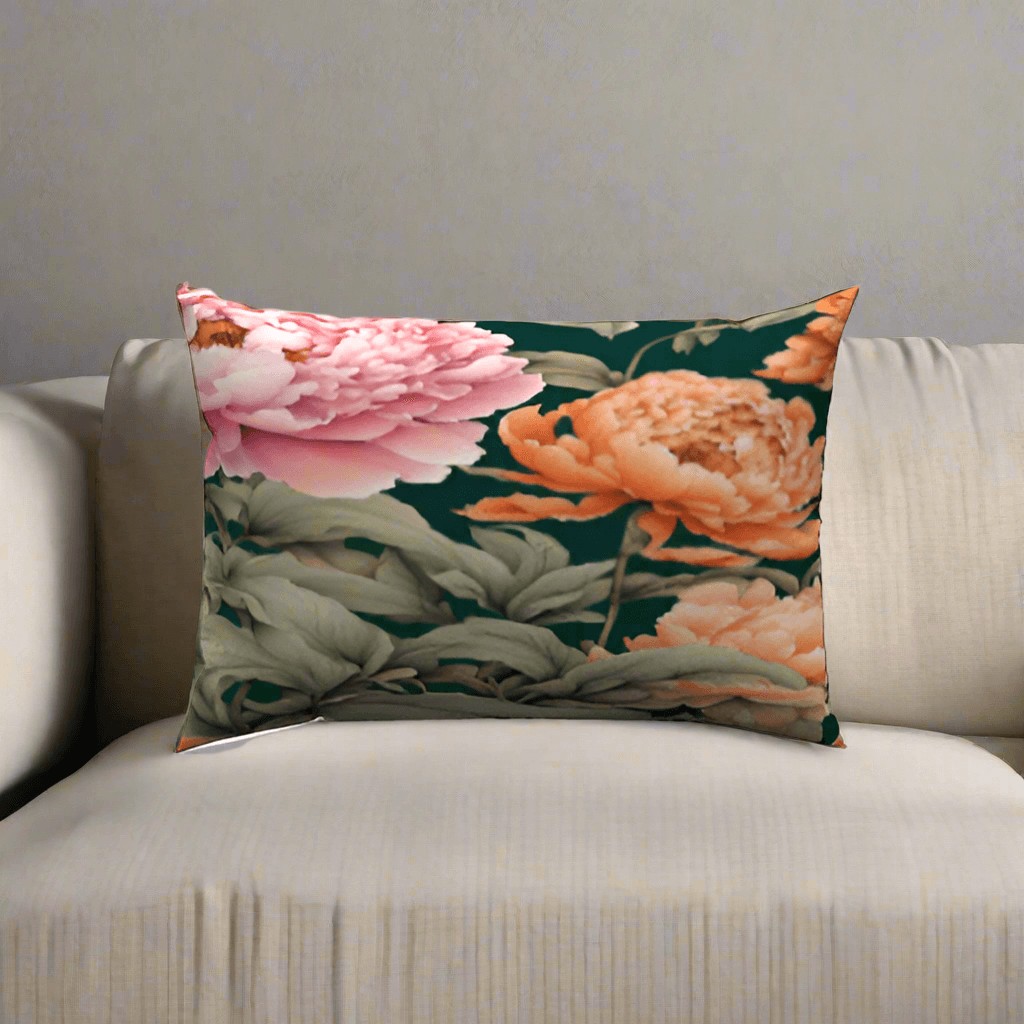 Peach and Pinkish Cotton Lumbar Pillow with floral design on beige sofa adds warmth and style to living room decor.