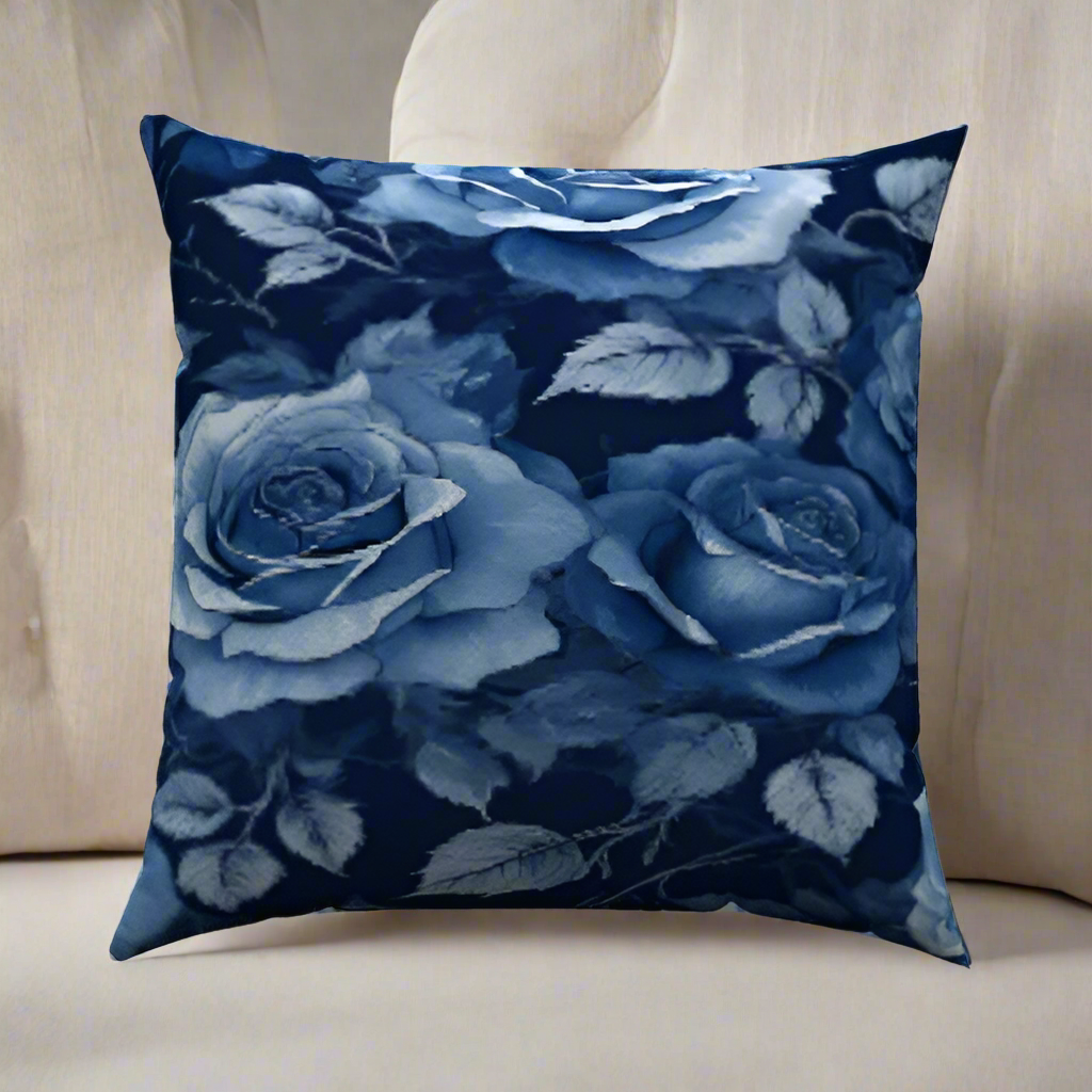 Rosalie Cotton Throw Pillow with navy and white floral design on a white sectional for cozy living room style.